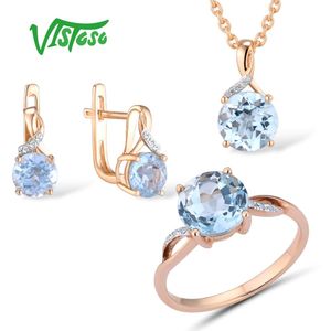 Sieraden Set voor Vrouw Pure 14k 585 Rose Gold Springling Sky Blue Topaz Diamond Earrings Ring Ring Hanger Set Fijne Sieraden