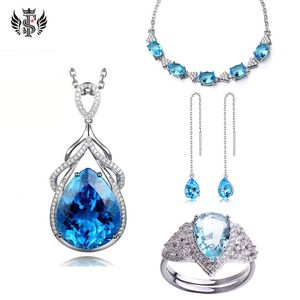 Sieraden set Water druppel saffierring lange tassel oorketen zeemeermin tranen ketting blauwe topaz armband1388794