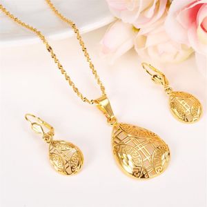 Ensembles de bijoux élégance collier boucles d'oreilles Fine 24k véritable or jaune massif GF petite amie amoureux fille cadeaux de mariage New263E