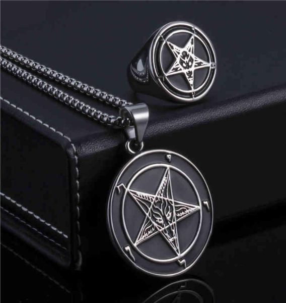 Jewelry Sets Elfasio Set Ring Collar Baphomet Goat Pentagram Symbol Symbol Acero inoxidable de la cadena colgante de ambos lados 8825696