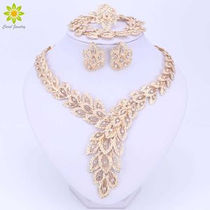 Ensembles de bijoux pour femmes collier en cristal fin boucles d'oreilles Bracelet ensemble perles africaines couleur or pendentif robe de mariée accessoires H1022