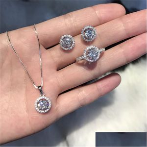 Ensembles de bijoux Trendy Diamond Set Real 925 Sterling Sier Party Anneaux Boucles d'oreilles Collier pour femmes Bridal Moissanite Drop Deliver Dhnsz