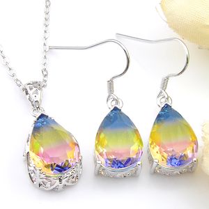 Nouveau 5 ensembles goutte d'eau arc-en-ciel pastèque tourmaline pendentifs boucles d'oreilles ensemble 925 collier en argent sterling plaqué pour les femmes CZ cadeau ensemble de bijoux