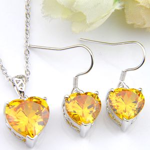 Luckyshine 925 zilveren kettingen en oorbellen sieraden sets hart gele citrien edelstenen voor vrouwen verlovingsfeest geschenken sets