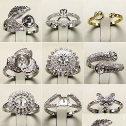 Paramètres de bijoux 9pcs / lot bricolages Perle Rings 925 Sier Ring Zircon For Women Girl Fine Adjustable Gift Drop Livrot Dhgarden DH7PO