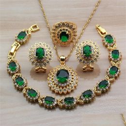 Paramètres de bijoux Dubai Jaune Or Couleur Bijoux Pour Femmes Accessoires De Mode Vert Cubique Zircon Grande Fleur Ensembles 201 Drop Livraison Je Dhlg7