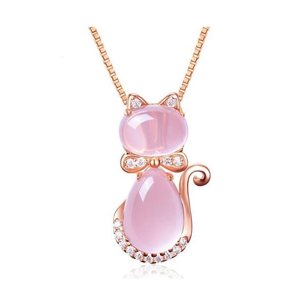 Configuración de joyería Moonrocy Rose Gold Color Cz Crystal Ross Cuarzo Rosa Opal Collar Pendientes y Anillo Conjunto para Mujeres Lindo Gato 469C3 D Dhvdn