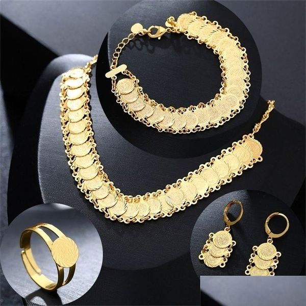 Configuración de joyería Nuevos conjuntos árabes clásicos Collar de color dorado Pulsera Pendientes Anillo Medio Oriente para mujeres Moneda Bijoux 201 Drop Delive DH2SJ