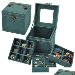 Paramètres de bijoux Vintage Veet trois boîtes de rangement en boîte avec miroir en bois Organisateur d'emballage pour les boîtes à anneaux de collier de boucle d'oreille OTLPJ