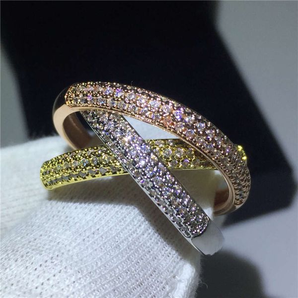 Joyería sier triple círculos oro/oro rosa/sier tres colores pavimento cz anillo de dedo para mujeres anillos de dedo de boda