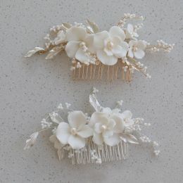 Bijoux Slbridal fait à la main en alliage feuille strass Ceram fleur perles d'eau douce peigne à cheveux de mariée accessoires de cheveux de mariage bijoux pour femmes