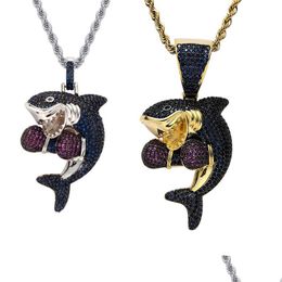 Joyería Deporte Boxeo Tiburón Collar Bling Conjunto de joyas 18K Oro Diamante Cubic Zirconia Animal Colgante Hip Hop Collares para mujeres Hombres S DHJFS