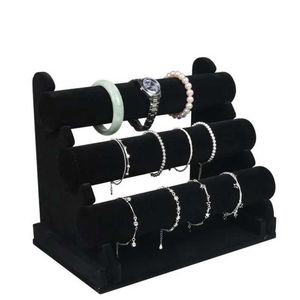 Support de bijoux à 3 couches en velours noir Bracelet de chaîne de bijoux Bracelet T-Bar Organisateur Hard Display Rack Q240506