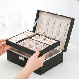 Sieradenstand PU Lederen Jewelry Box Doublelayer Wooden Princess Storage Cosmetic 230517