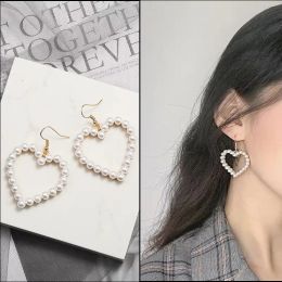 Bijoux Vintage perle amour coeur balancent 14k boucles d'oreilles en or jaune pour les femmes élégant mode charme doux boucles d'oreilles cadeaux de noël