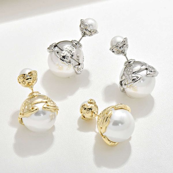 bijoux vivian boucles d'oreilles corée du sud banlieue polyvalent Saturn perle boucles d'oreilles mode affaires impératrice douairière lumière luxe portant devant arrière