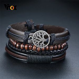 Sieraden Vnox 4 stks/set Gevlochten Lederen Wrap Armbanden voor Mannen Vintage Life Tree Rudder Charm Houten Kralen Etnische Tribal Polsbandjes