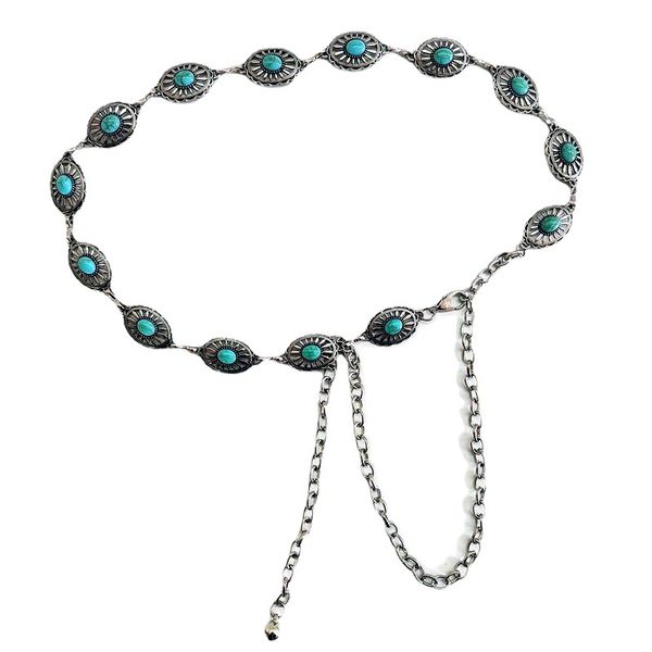 Chaîne de taille de bijoux, sculpture de métal à la mode et polyvalente pour femmes incrustée de turquoise et d'instagram polyvalent accessoires de chaîne corporelle à la mode