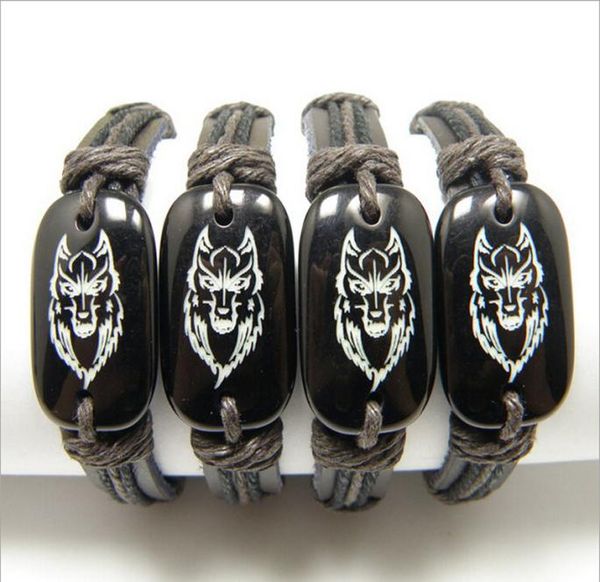 Sieraden Hele 12 stks Imitatie Yak bot Hars Gesneden Totem Wolf Hoofd Lederen Armband armbanden Amulet Gift MB031892536