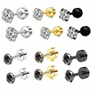 Sieraden groothandel kraakbeen oorknopje platte achterkant schroef cz kristal mannen oorsteker heldere regenboog kleur mannen oorbellen body piercings