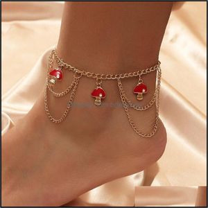 Jewelrycute Colgantes de hongos de esmalte rojo para mujeres niñas Moda simple Color dorado Cadena de metal Tobilleras Estilo de playa Joyería Regalo Entrega de gota