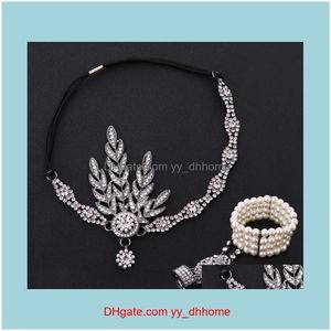 Jewelryfashion Designer De Luxe Vintage Diamant Feuilles Perle Gland Élastique Corde Bijoux De Cheveux De Mariage Bandeaux De Mariée Charme Bracelets Ensemble Dr