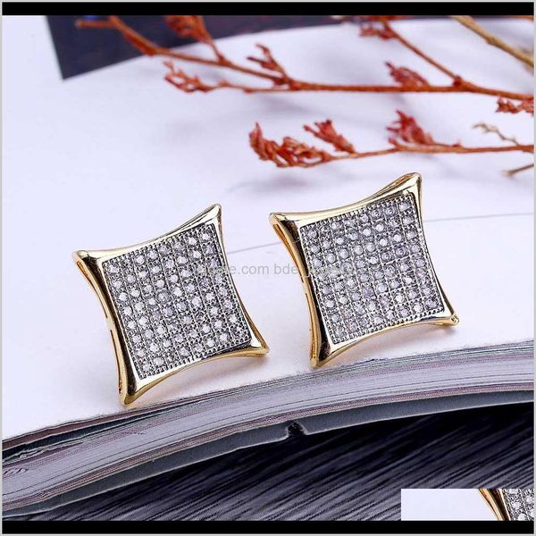 Jewelryhip Hop Plein Diamants Goujons D'oreille Pour Hommes Géométrie Strass Boucles D'oreilles Réel Plaqué Or Cuivre Diamant Carré Bijoux Livraison Directe