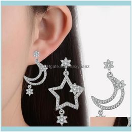 Bijoux Style coréen tempérament asymétrique 925 bijoux en argent Sterling mode lune et étoile personnalité boucles d'oreilles pendantes Se731 lustre Dr