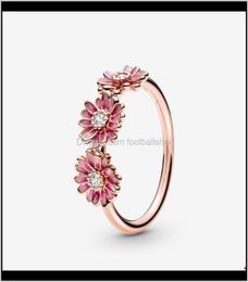 Jewelryoriginal 925 Sterling Sier Rose Rose Marguerite Fleur Trio Bague Pour Les Femmes Redimensionnable Mariage Fiançailles Pan Anneaux Cluster Drop D1789145