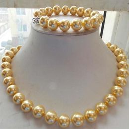 Jewelryr Pearl Set 12mm Or Collier de perles de coquillages des mers du Sud Bracelet 18''7 5''Set 207S