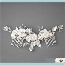 Sieradeniger kleur bruids kam kroon witte porselein bloem bruiloft kopstuk parels sieraden hand bedraad vrouwen haar ornament drop levering 202