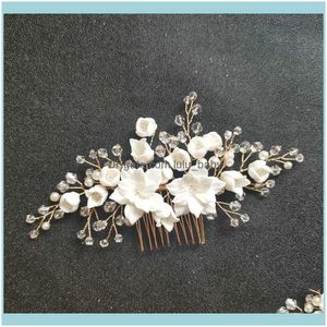 Jewelryslbridal Main Cristal Strass Simulé Perles En Céramique Fleur De Mariée Peigne De Mariage Épingles À Cheveux Autocollants Femmes Bijoux Drop Delive