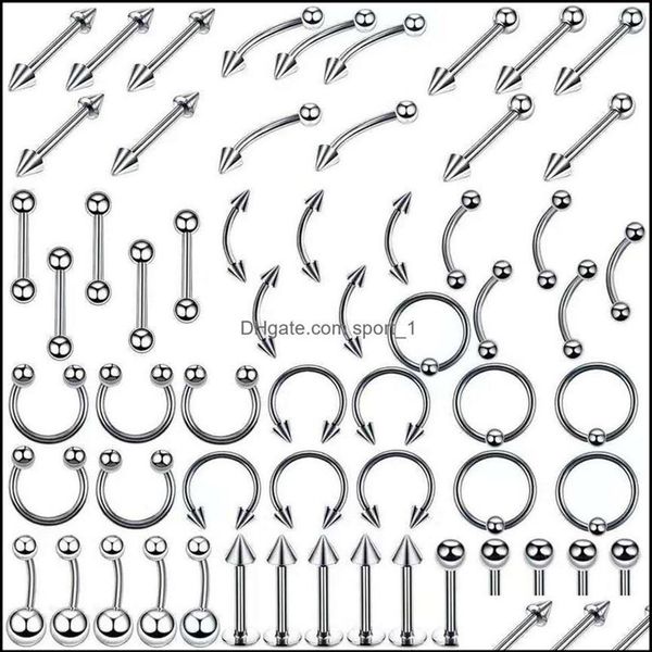 Schmuckset aus rostfreiem Stahl, Zungenringe, Körperpiercing, Augenbrauen, Bauch, Nase, Nagelschmuck, Accessoires, 120 Mischungen, ganze Tropfenlieferung, 203 Stück