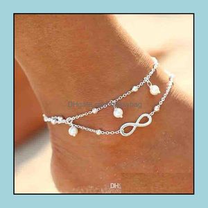 Sieradenvintage mode zomerstrand anklett bracelet infinity sieraden parel kraal goud sier enkelen foot chain voor vrouwen drop levering 2021 iy