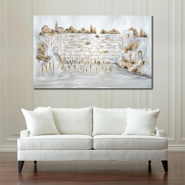 Arte judío texturizado Pintura contemporánea sobre lienzo Muro de los Lamentos Jerusalén Oro blanco Hecho a mano Óleo Paisaje Obra de arte Decoración moderna para sala de estar