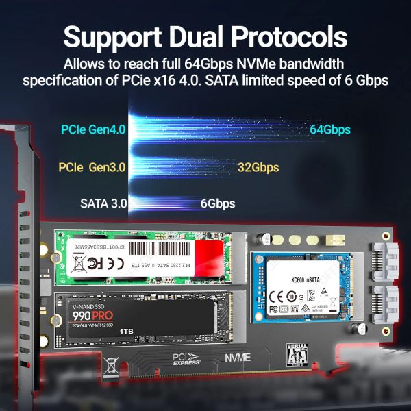 Jeyi NVME NGFF et MSATA SSD PCIE 4.0 / 3.0 Carte d'adaptateur, 3 en 1 M.2 NVME à PCIE / M.2 SATA SSD TO SATA III / MSATA TO SATA Converter