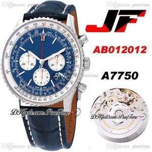 JF AB012012 ETA A7750 Chronographe Automatique Montre Homme Blanc Cadran Bleu Intérieur Argent Subdial Bracelet Cuir Super Edition Montres Puretime E5