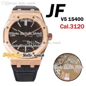 Jff Super V5 41mm 15400 Cal.3120 Automatische Herenhorloge Zwart Textuur Dial Stick Markers ROES Goud Leer Top Version Horloges Hello_Watch