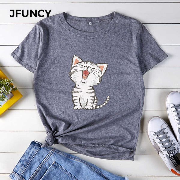 JFUNCY mignon Meow chat dessin animé imprimé femmes T-Shirt grande taille coton t-shirts hauts à manches courtes été femme chemises nouveau femme T-shirt Y0629