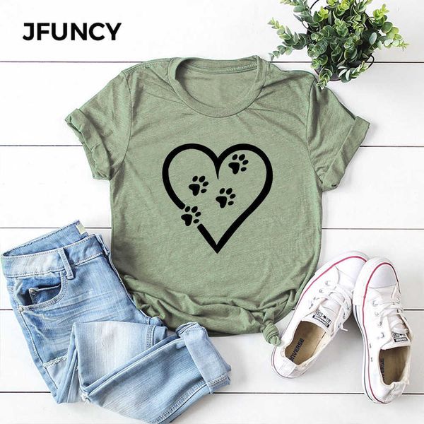 JFUNCY Plus Size Heart Funny Dog Paw Print Summer T-shirt Femmes Coton Tshirt À Manches Courtes Tees Tops Femme T Shirt Femme Chemises Y0629