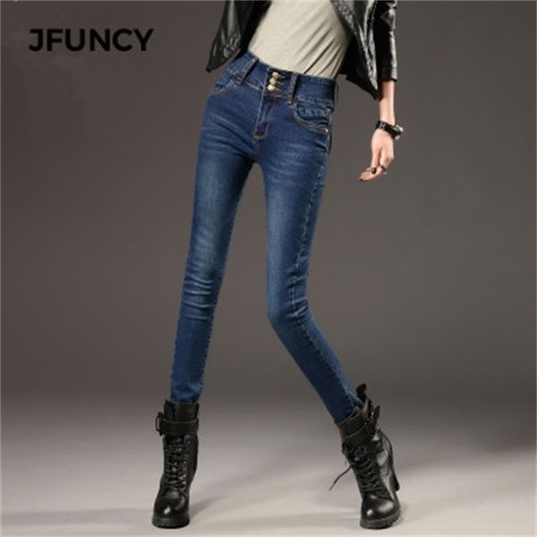 JFUNCY Femmes Hiver Jeans Élastique Taille Haute Maigre Denim Pantalon Polaire Doublé Jeggings Casual Plus La Taille Femme Velours Jeans Chaud 201106