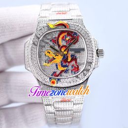 JHF Iced Out Full Place Diamond 5720/1 CAL.324 S C Automatische Herenhorloge 40mm Enamel Dragon Design Dial 5720 Diamonds Armband Limited Watches TimeZonewatch