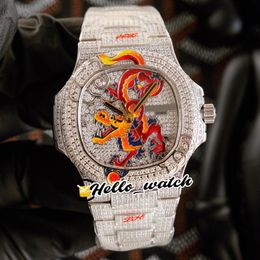 JHF Limited New Iced Out Full Diamonds 5720 1 Esmalte Dragon Design Dial Cal 324 S C Reloj automático para hombre 5720 Pulsera de diamantes He269z