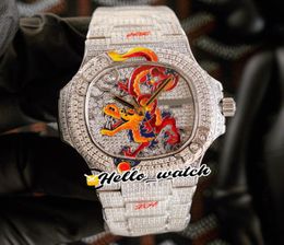 JHF Limited Nuevo Iced Out Full Diamonds 57201 Diseño de dragón de esmalte CAL324 S C Automatic Mens Watch 5720 Diamonds Bracelet He6281137