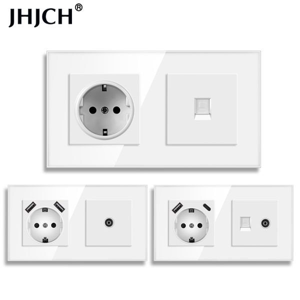 JHJCH EU STOCKE DE MALAR ESTÁNTER + TV Tel, vidrio templado RJ45 Cat6 Wall Conector + Computer Internet Jack 157*86 mm