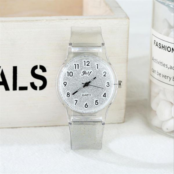 JHlF Marque Coréenne Promotion De La Mode Quartz Dames Montres Personnalité Décontractée Étudiant Femmes Montre Blanc Transparent Bande En Plastique G209i