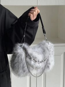 JIAERDI Vintage Y2K sac à main femmes automne filles chaîne en peluche doux sac à bandoulière dames Harajuku gris sous les bras sac esthétique 240226