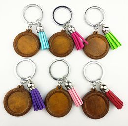 Jiangzimei 24 Uds color de registro marrón 18X25MM 25mm cabujón de madera llavero de acero inoxidable colgante de madera en blanco con borlas Keyring9685677