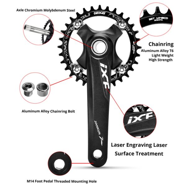 Jiankun Mtb Crankset 1x System BCD104 VTT VTT 170 mm CRANK BB Bother Bracket Set Externe Crankset Pedalier Candle pour axe