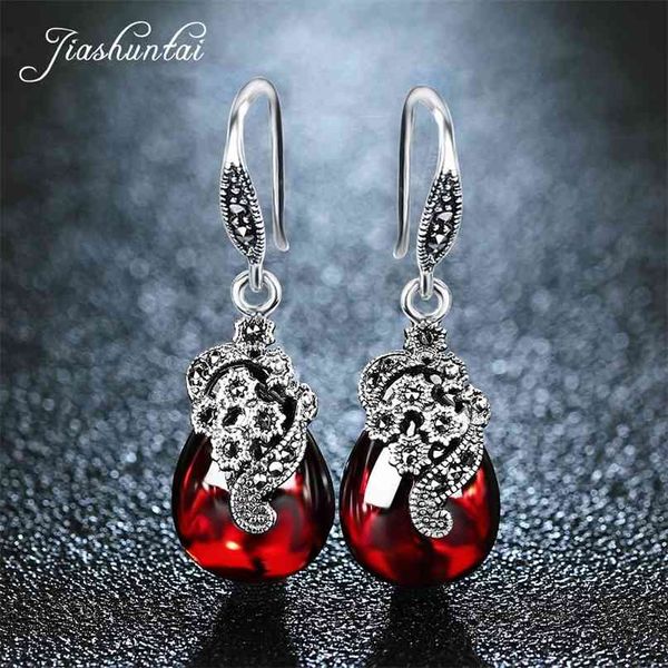 JIASHUNTAI Rétro 100% 925 Boucles d'oreilles en argent sterling pour femmes Vintage calcédoine naturelle grenat rubis bijoux femme 210706